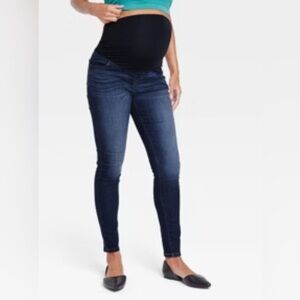 Isabel Maternity Womens Cross Panel Skinny Jeans in Dark Wash Sz 2